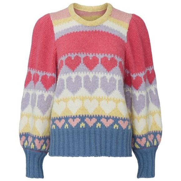 LoveShackFancy Shirelle Puff Sleeve Heart Sweater M Wool Blend - Picture 1 of 11